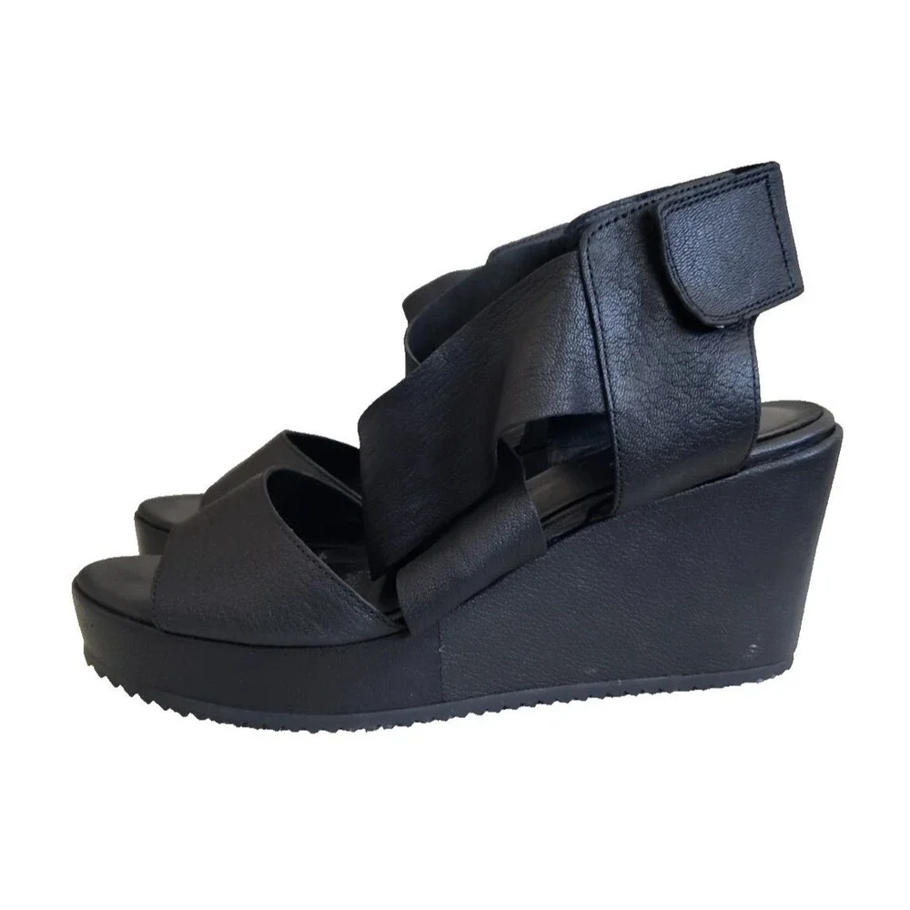 Eileen Fisher Whimsy Sandals Black Leather Almond Open Toe Platform Wedge Sz 8.5